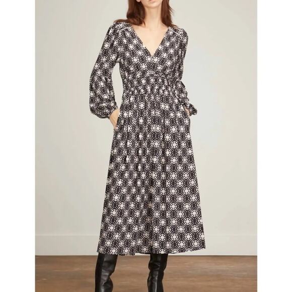 NEW Xirena Anabella black white mosaic print smocked waist dress in Octave Night - Picture 1 of 15